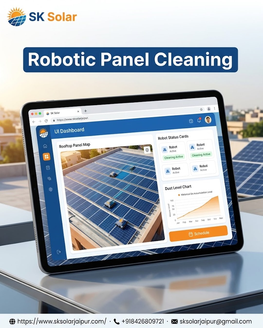 SK Solar app dashboard showing automated robotic solar panel cleaning schedule for a Jaipur rooftop