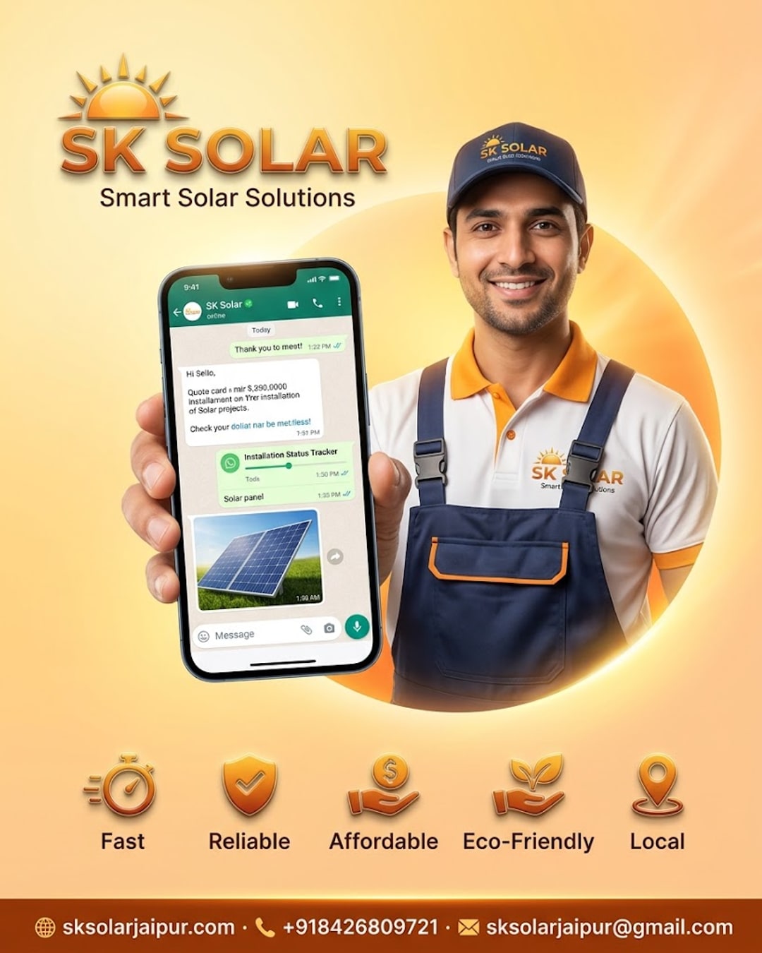 SK Solar WhatsApp chat showing rooftop solar quote and installation status tracker