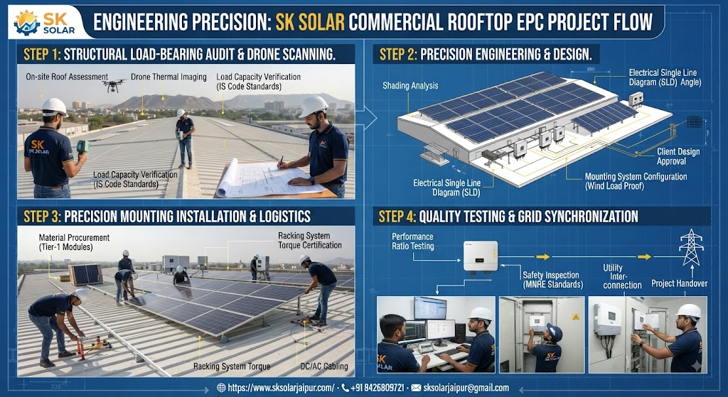 engineering precision: step-by-step blueprint of how SK Solar executes a turnkey commercial rooftop EPC project from structural load audit to grid synchronization