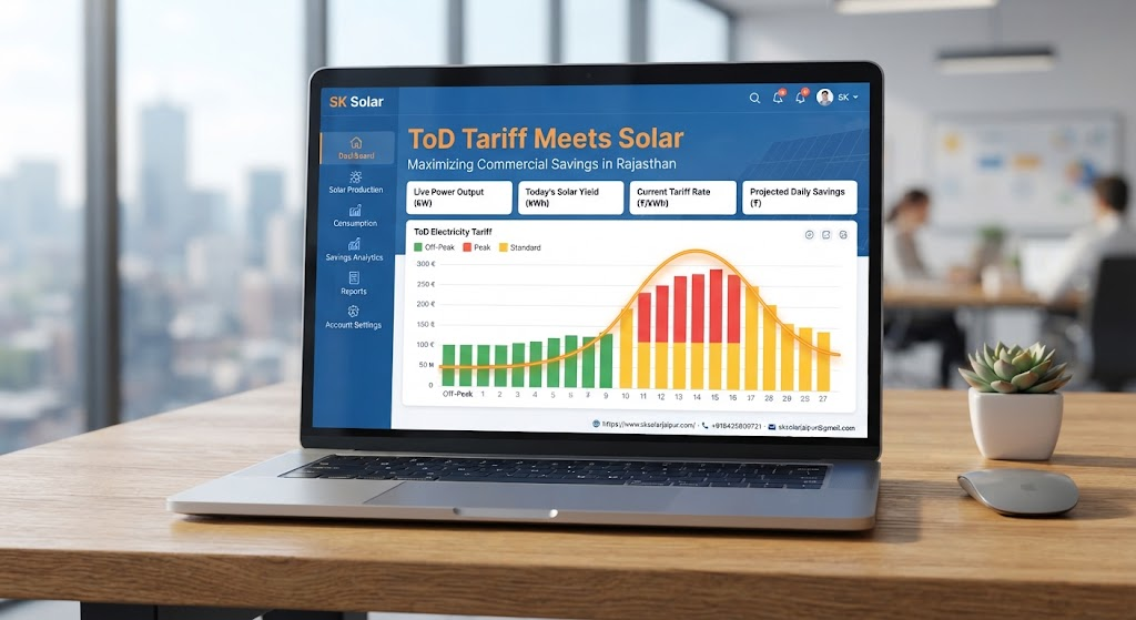 SK Solar dashboard showing time of day tariff chart against solar generation curve for Jaipur commercial users