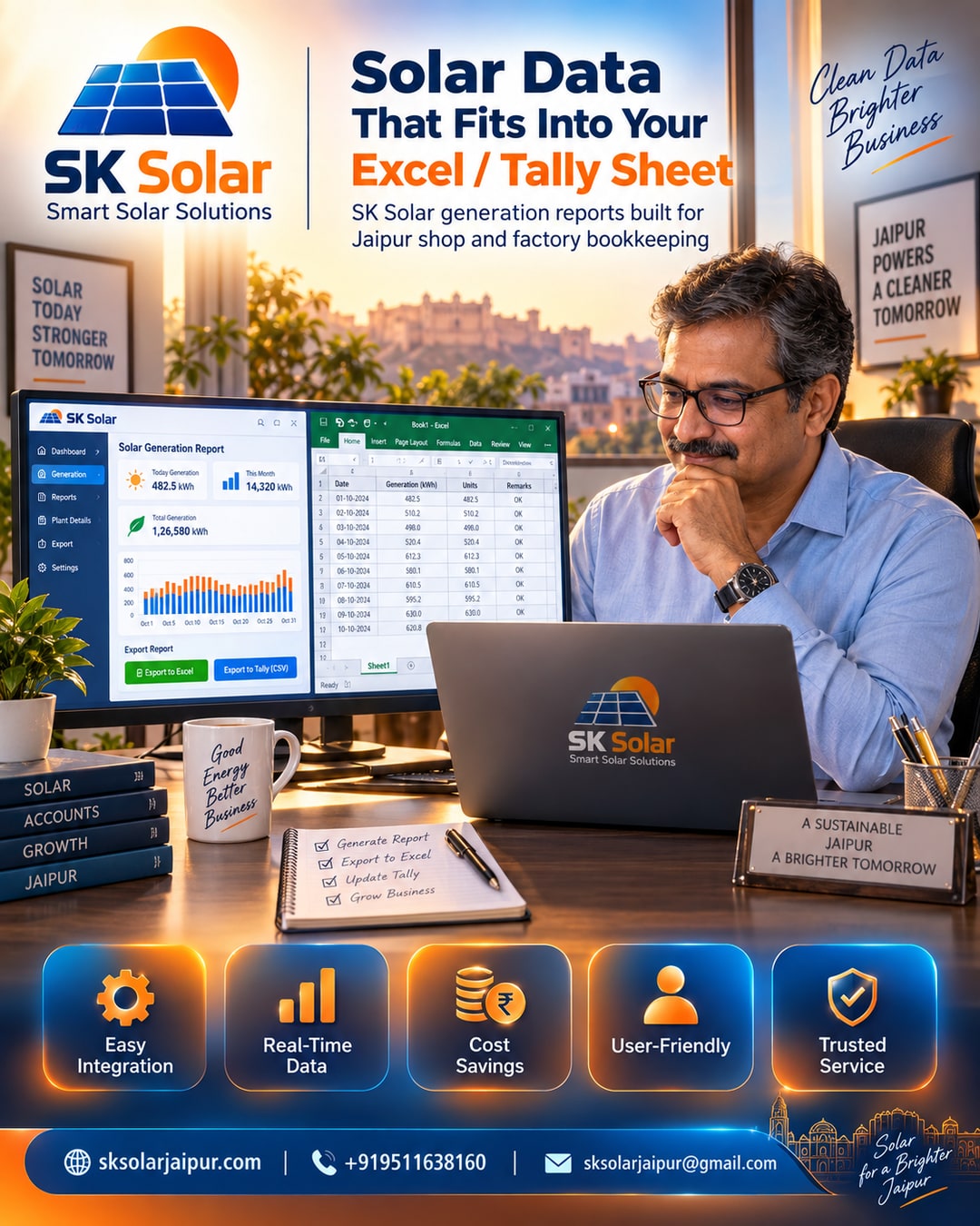 Solar data that fits into the Excel/Tally sheet you already use: SK Solar generation reports built for Jaipur shop and factory bookkeeping