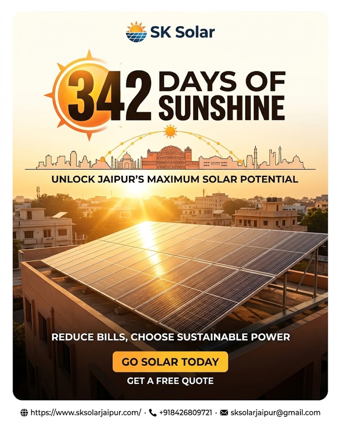 Jaipur rooftop solar panels highlighting 342 sunny days a year statistic