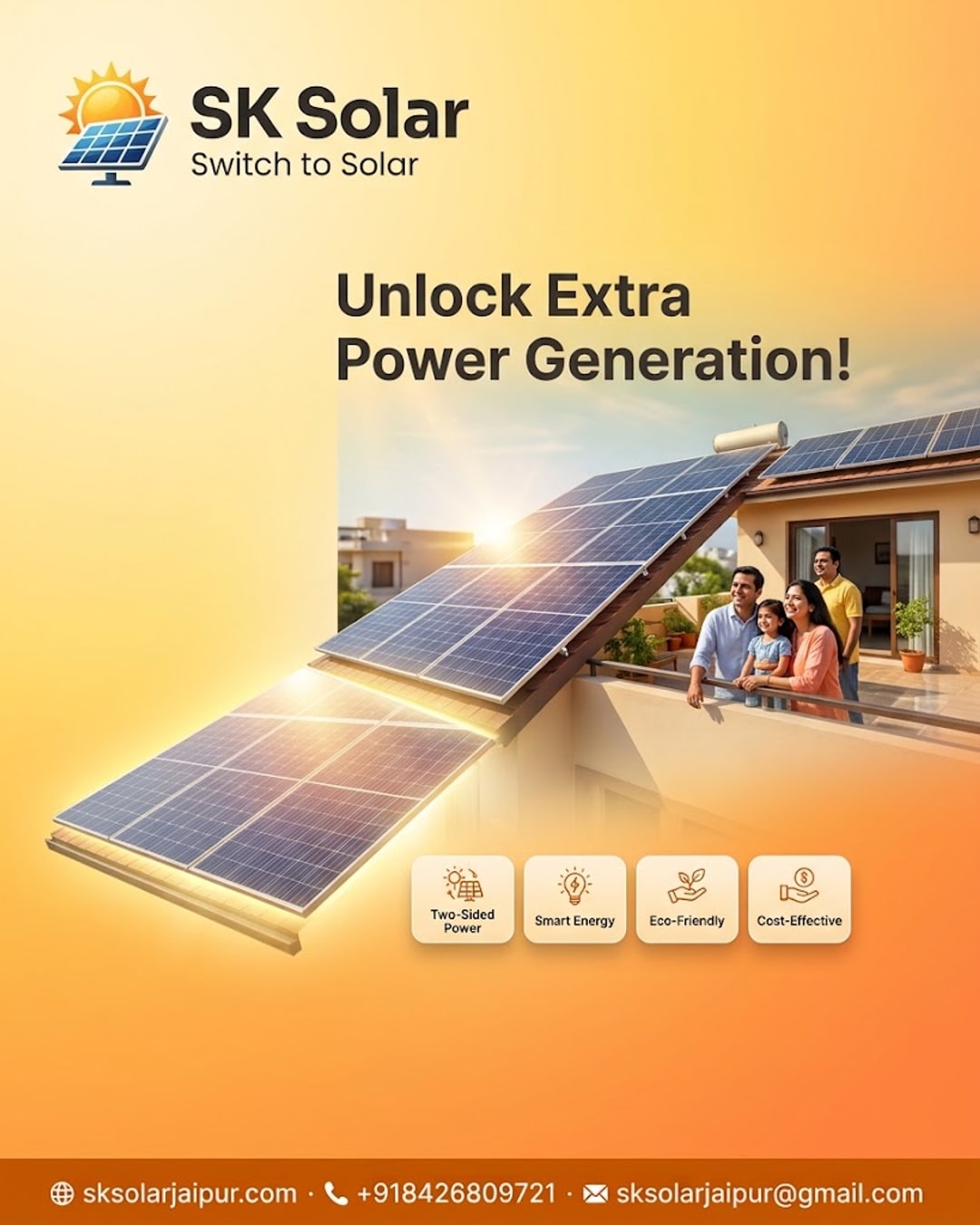 SK Solar dashboard showing bifacial solar panel energy generation charts for a Jaipur rooftop