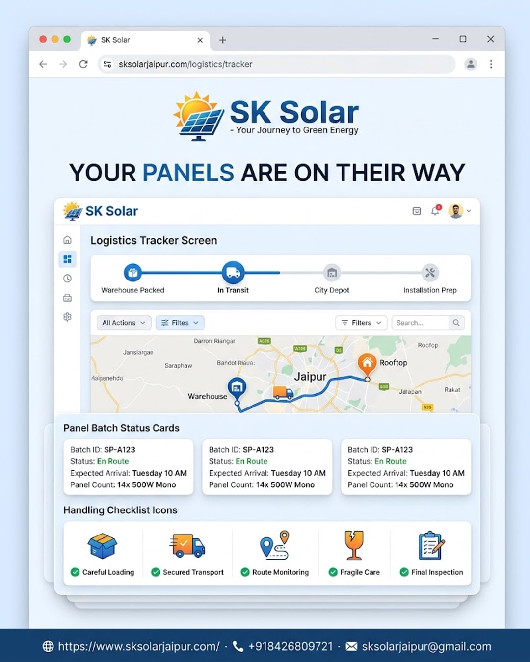 SK Solar panel logistics tracking dashboard showing shipment status from warehouse to rooftop