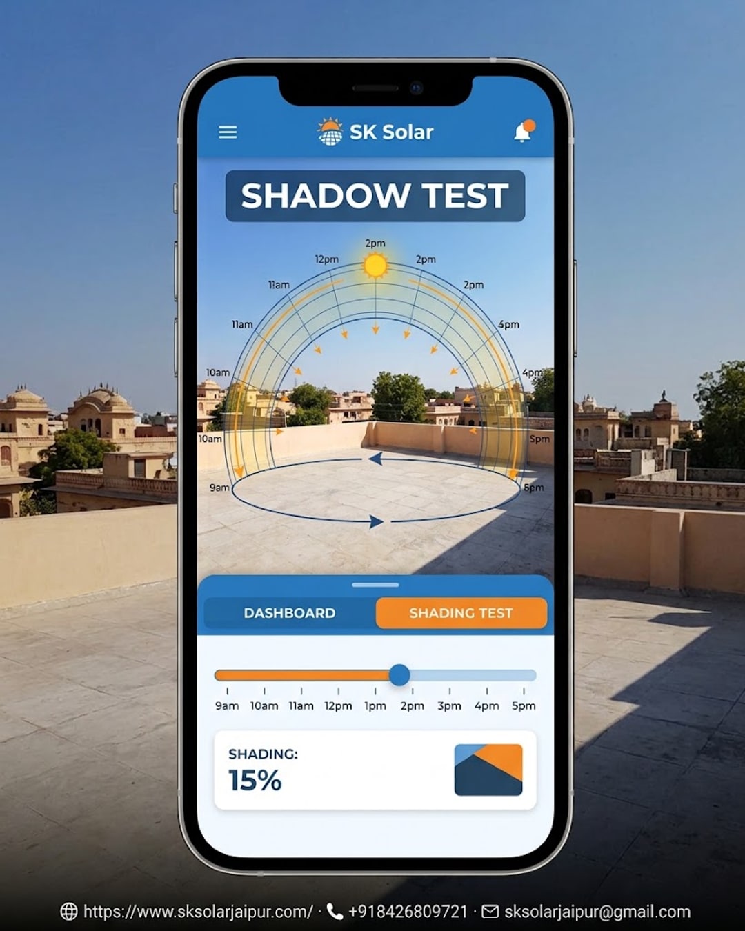 Phone app screen showing rooftop sun path and shadow analysis for solar planning in Jaipur