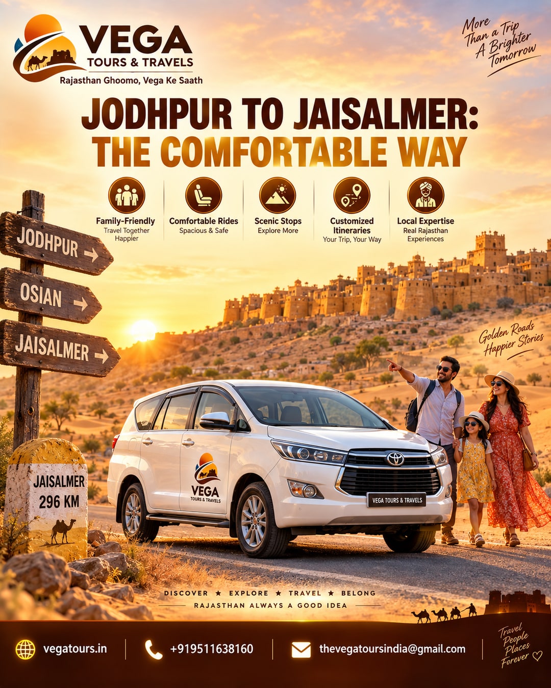 Family travelling comfortably from Jodhpur to Jaisalmer by Vega Tours cab with Osian stopover at sunset