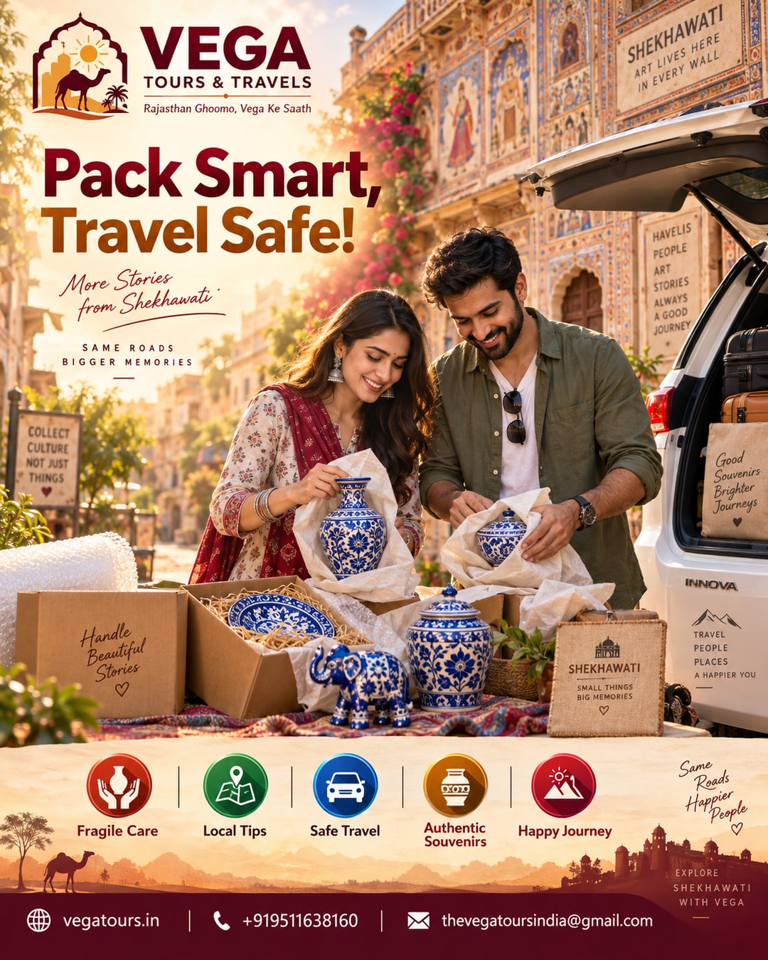 Couple carefully packing Shekhawati blue pottery souvenirs into car boot before road trip
