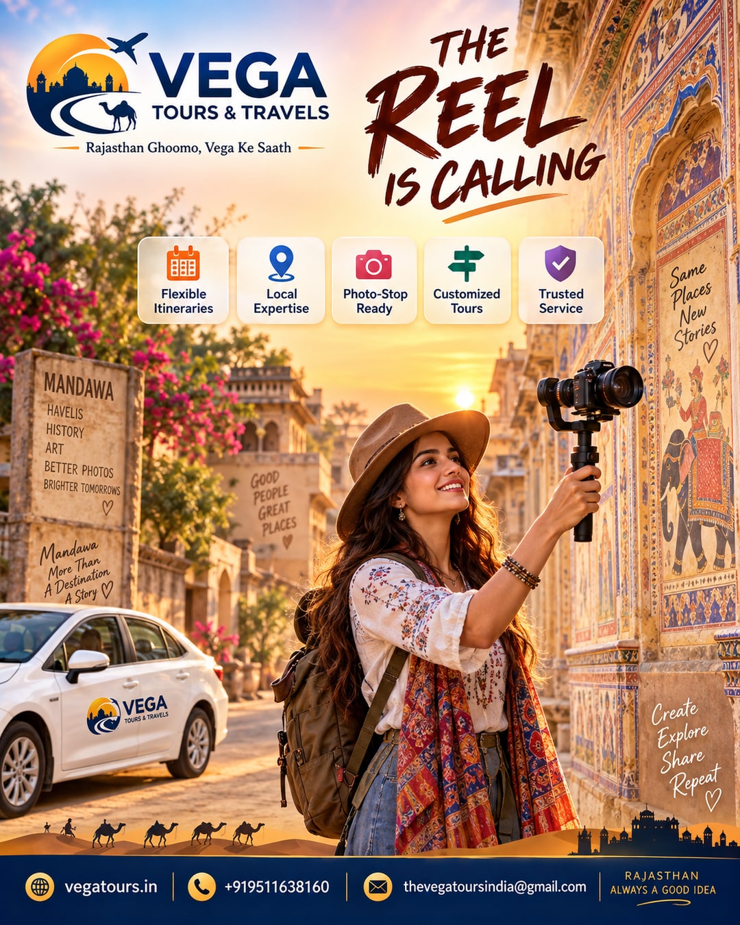 Traveller photographing painted havelis in Mandawa Shekhawati with Vega Tours car nearby