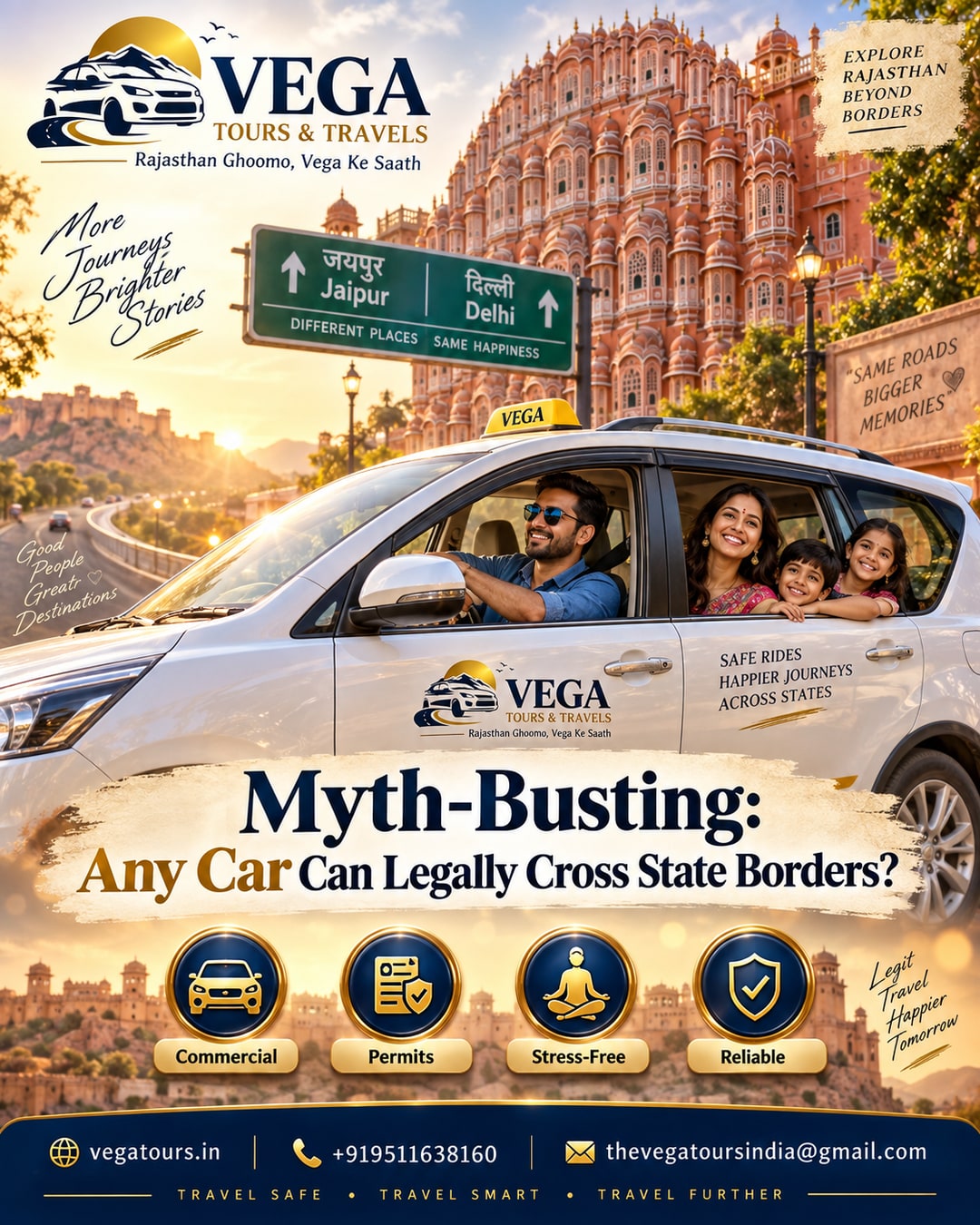 Vega Tours booking dashboard showing verified interstate permit for Jaipur to Delhi taxi route