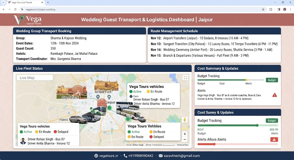 Vega Tours and Travels wedding guest group transportation booking dashboard on a device screen