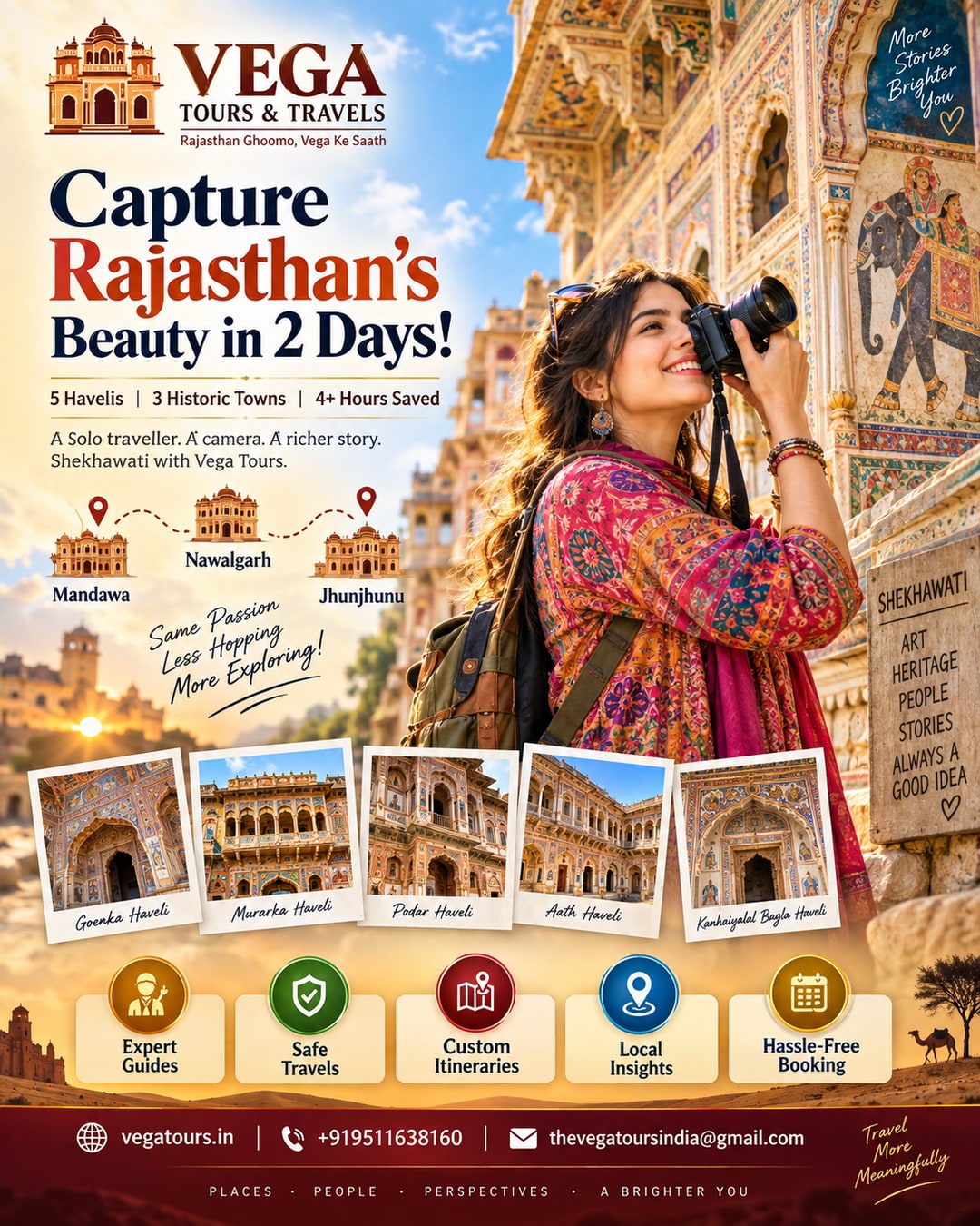 Vega Tours dashboard showing solo traveller Shekhawati haveli route with time saved stats
