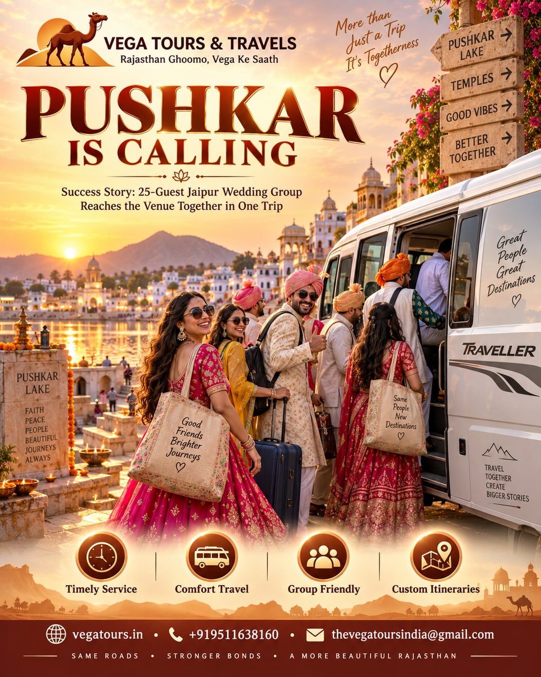 Wedding guest group boarding Vega Tempo Traveller for Jaipur to Pushkar trip at golden hour