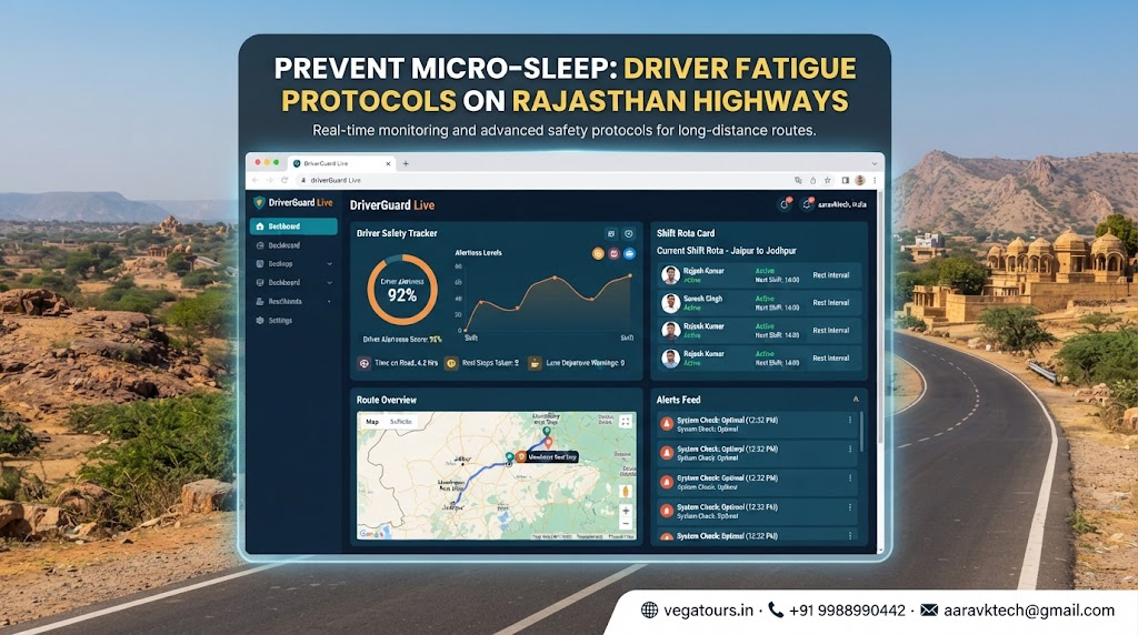 Vega Tours and Travels driver safety management dashboard showing fatigue prevention protocols for Rajasthan road trips