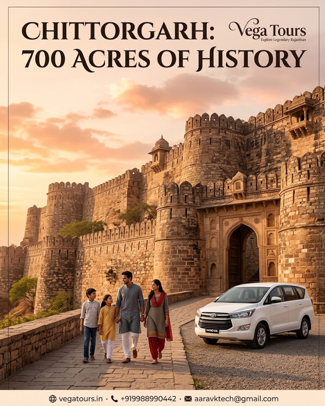 Family visiting Chittorgarh Fort ramparts with Vega Tours Innova parked nearby at sunset