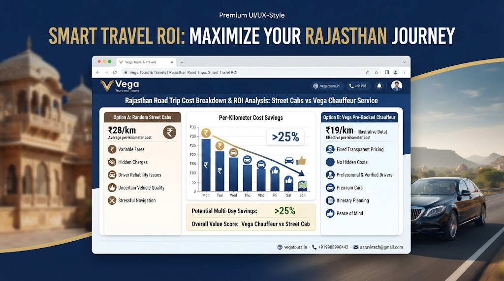 Vega Tours and Travels cost comparison dashboard showing trip ROI and transparent car rental pricing