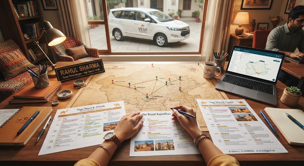 Vega Tours and Travels planner mapping a custom Rajasthan road trip itinerary