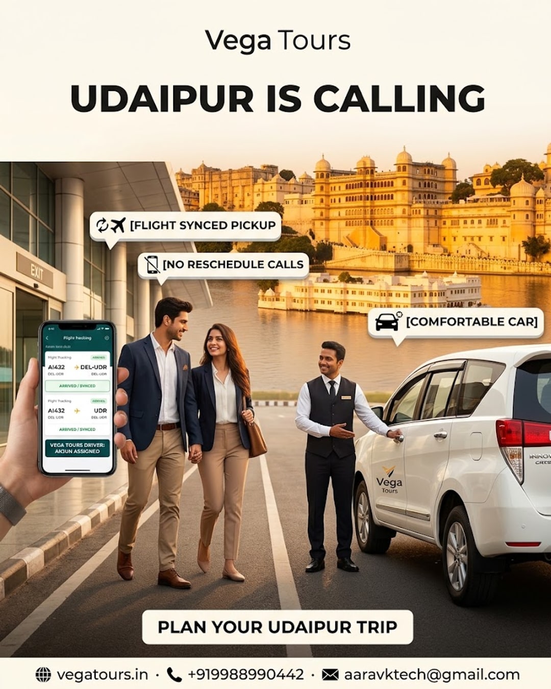 Couple arriving at Udaipur airport picked up by Vega Tours Innova with flight tracking synced on phone