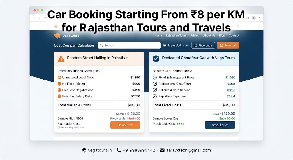 Cost comparison calculator on Vega Tours and Travels website showing transparent pricing for Rajasthan car rental