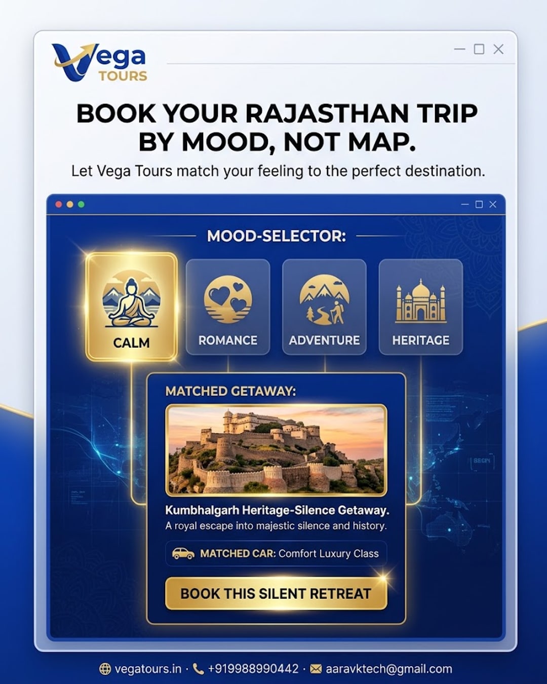 Vega Tours mood based trip planner dashboard showing Kumbhalgarh heritage trip option