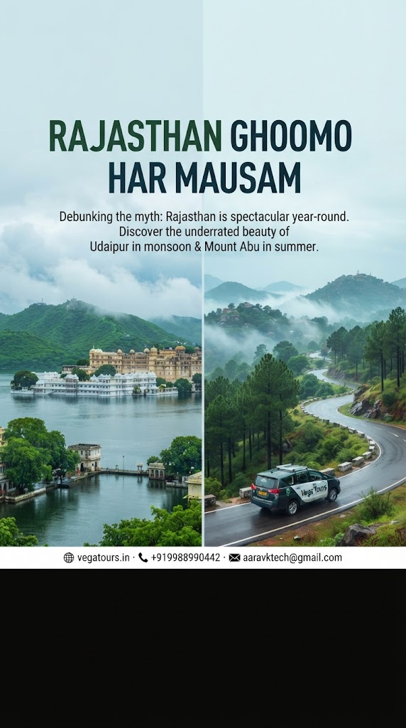 Udaipur monsoon lake view and Mount Abu hills showing Rajasthan travel beyond winter season