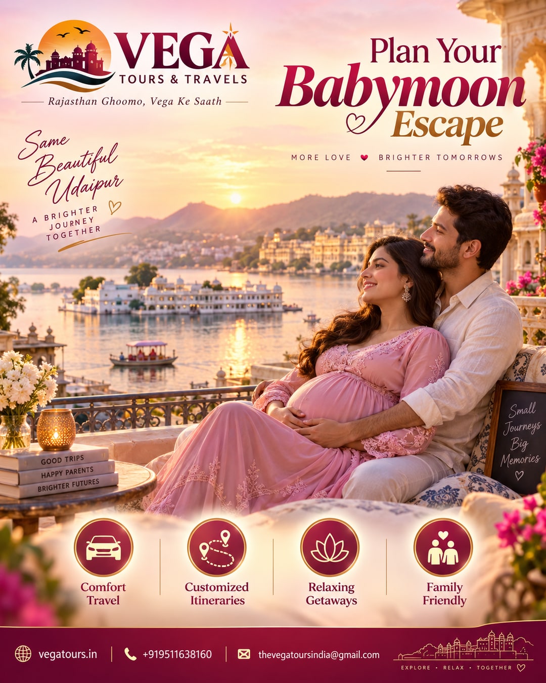 Vega Tours babymoon trip planner dashboard showing Udaipur route booking screen