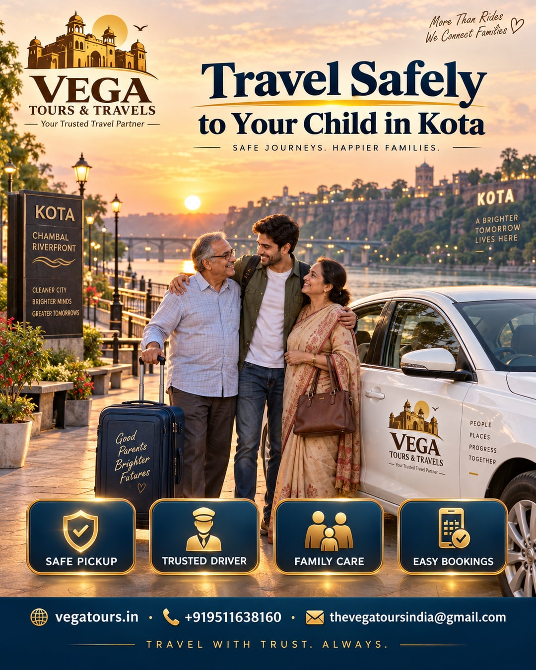 Parents visiting their coaching student child in Kota picked up by Vega Tours sedan near Chambal riverfront
