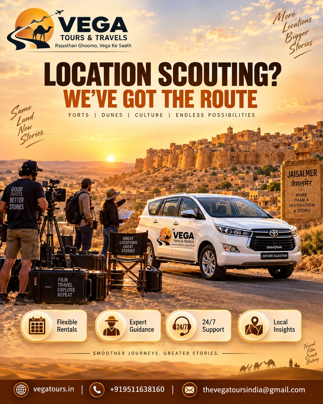 Production crew loading camera equipment into Vega Tours SUV near Jaisalmer fort at sunset