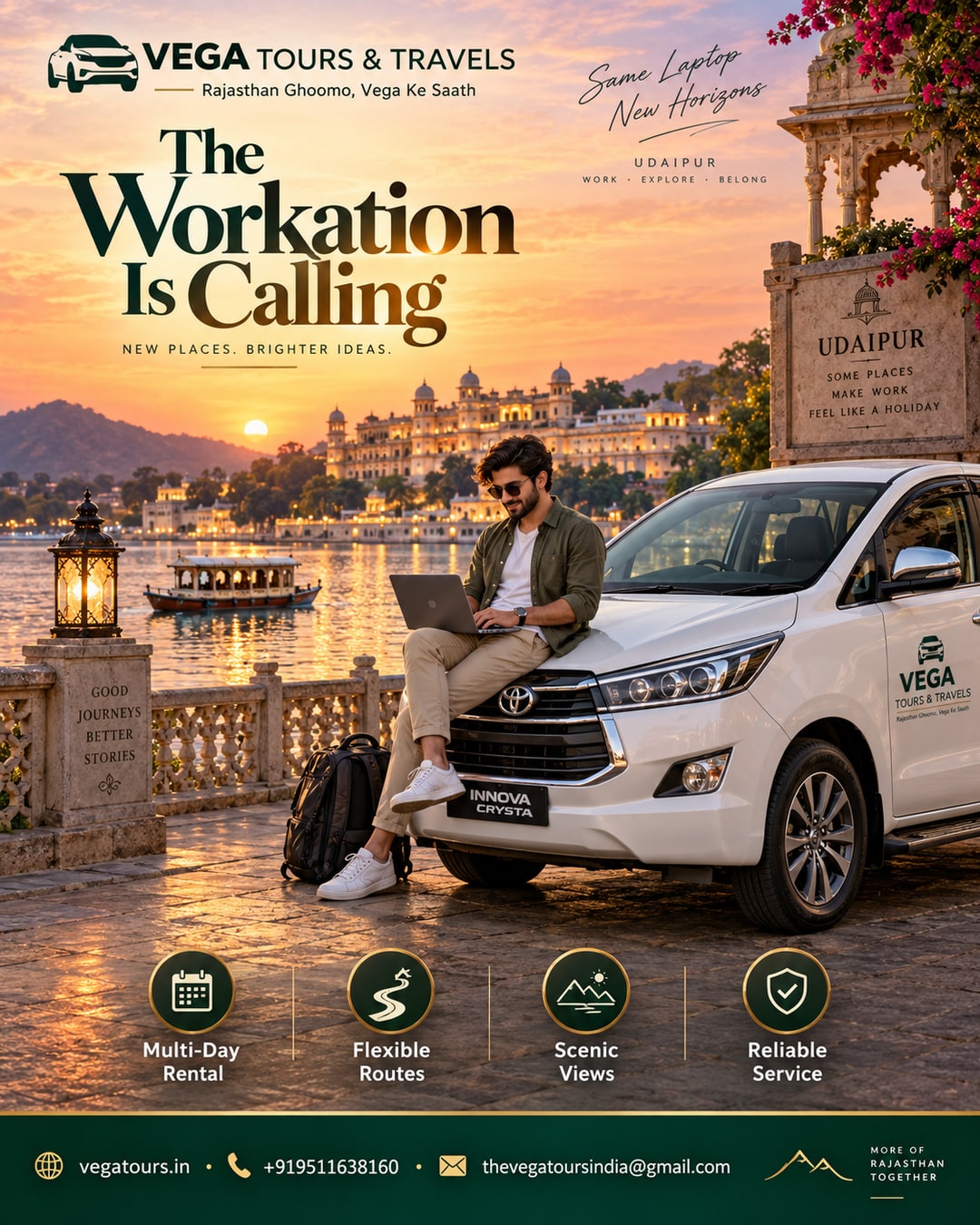 Remote professional stepping out of Vega Tours car by Udaipur lake for a workation trip