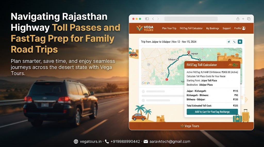 Digital road trip itinerary and FastTag calculator dashboard screen for Rajasthan travel