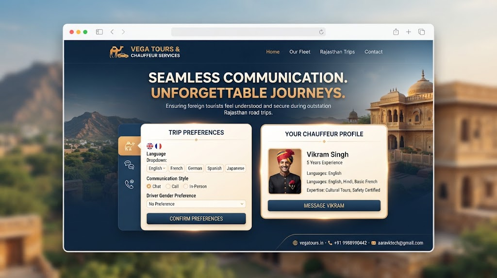 Multilingual driver profile selection screen on Vega Tours and Travels booking dashboard for international travelers in Rajasthan