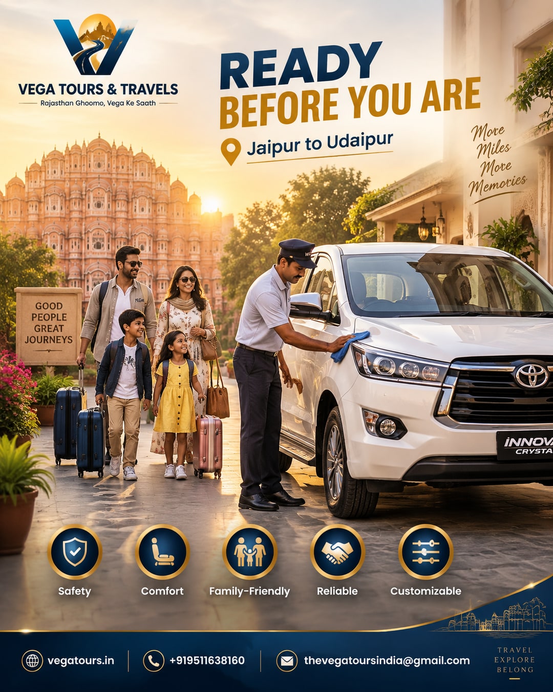 Driver preparing a clean white Innova Crysta at dawn as a family loads luggage for a Jaipur to Udaipur road trip