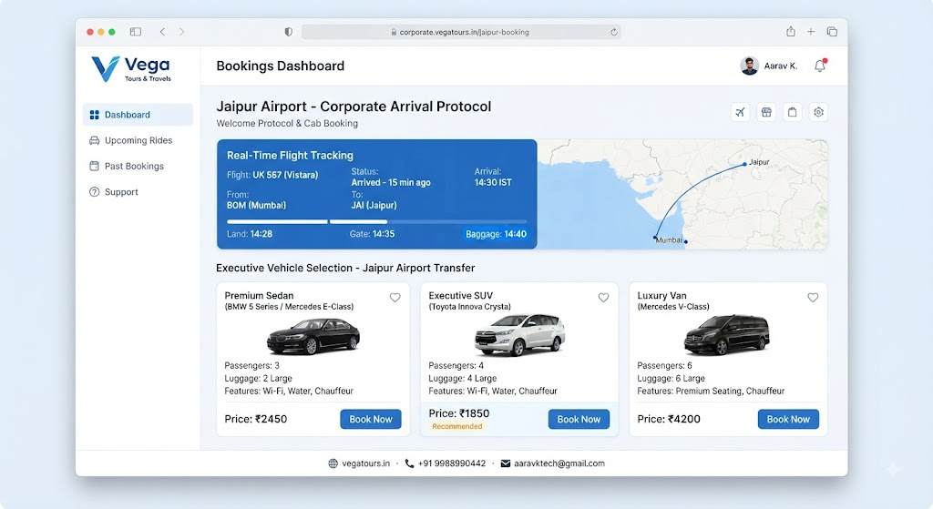 Vega Tours and Travels executive corporate car booking dashboard showing airport transfer options in Jaipur