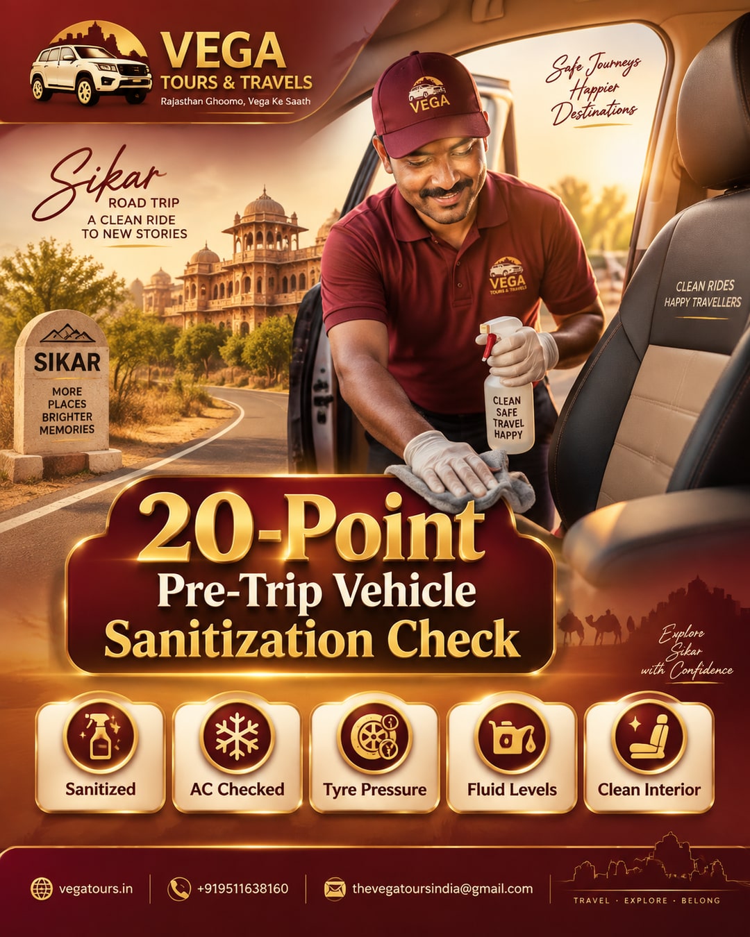 Vega Tours and Travels app screen showing pre-trip vehicle sanitization checklist for a Sikar road trip