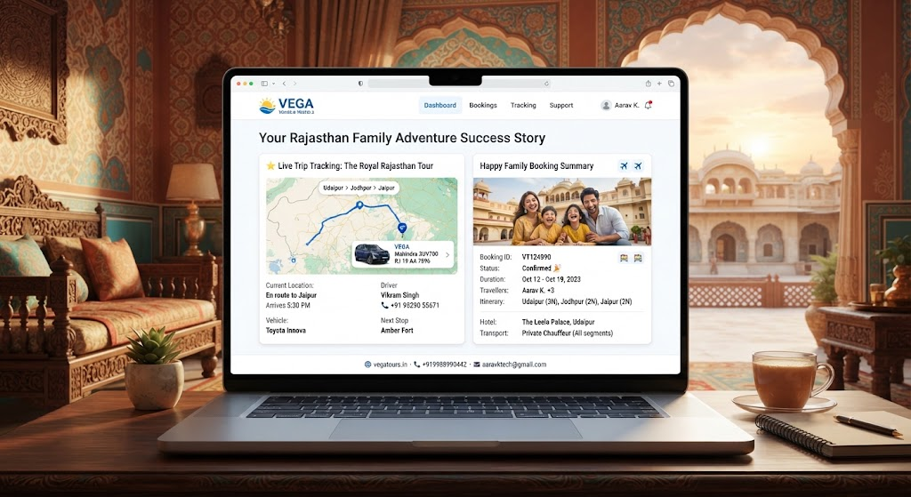 Vega Tours and Travels booking dashboard showing a successful family trip itinerary and cab reservation screen