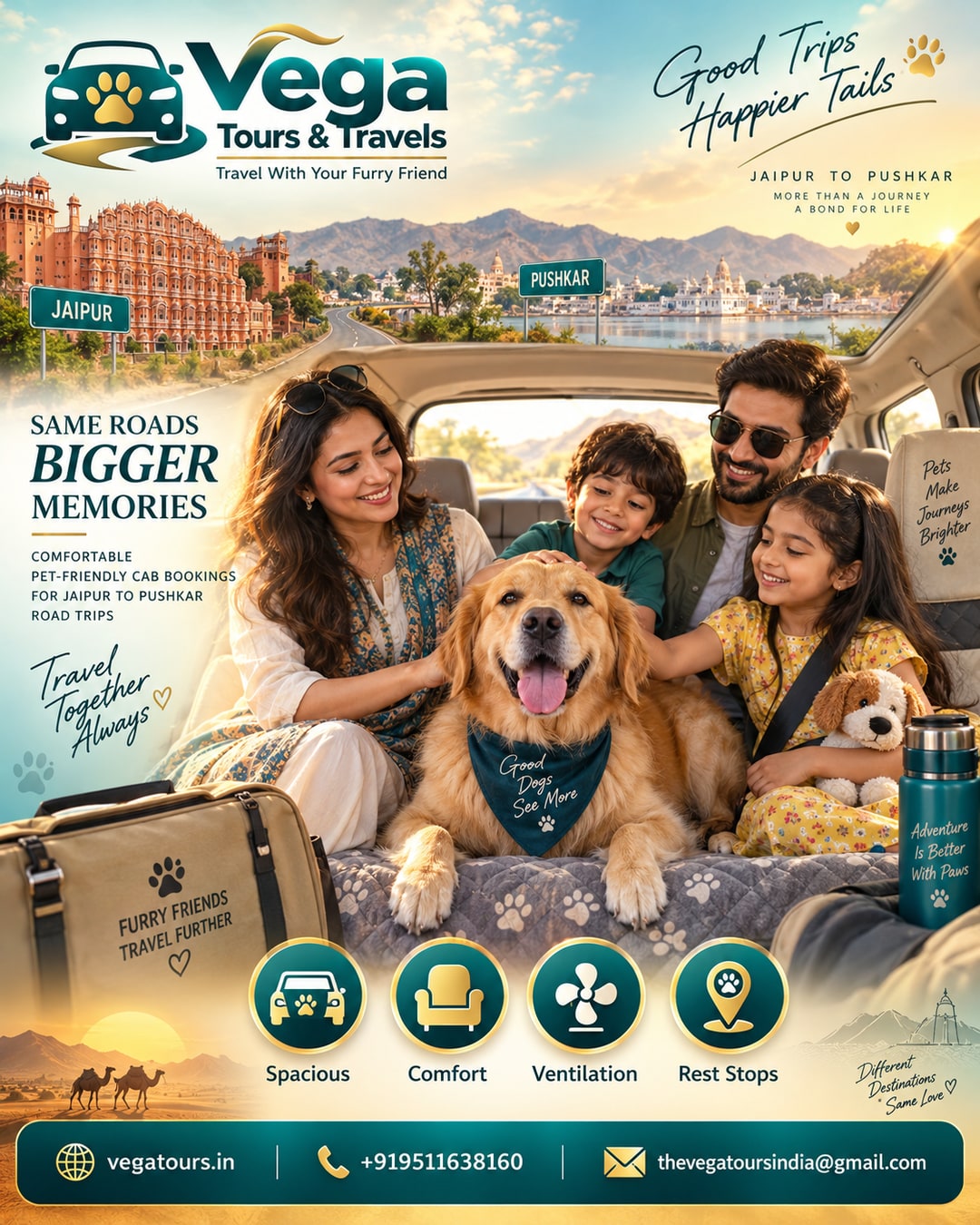 Vega Tours booking dashboard showing pet-friendly cab option for Jaipur to Pushkar trip