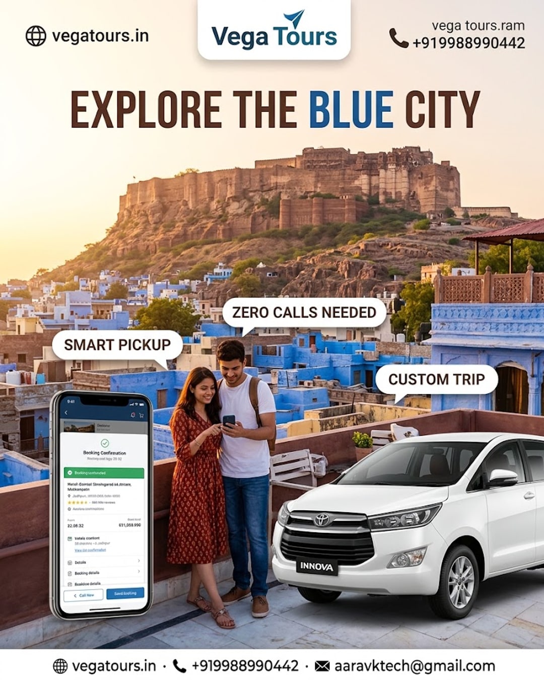 Couple forwarding hotel booking confirmation on WhatsApp before Jodhpur Blue City taxi pickup