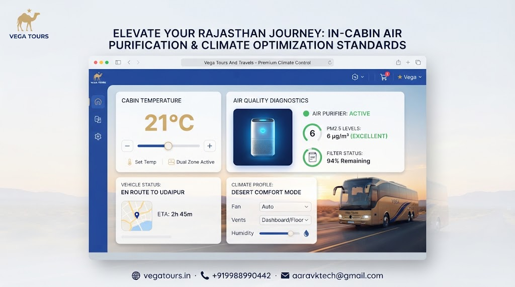 Vega Tours and Travels vehicle climate control and air purification dashboard screen mockup
