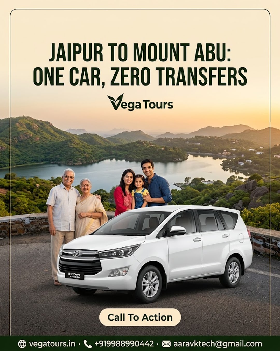 Family boarding a Vega Tours car for a direct Jaipur to Mount Abu hill getaway