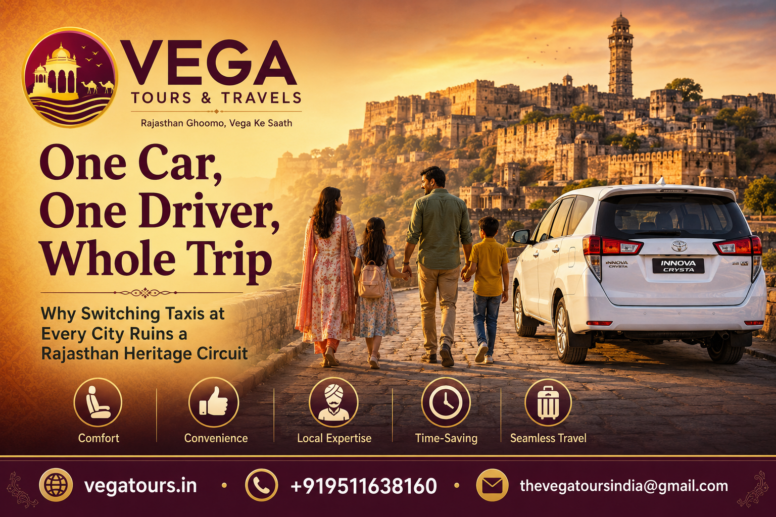 Family arriving at Chittorgarh fort with Vega Tours dedicated Innova parked nearby at golden hour