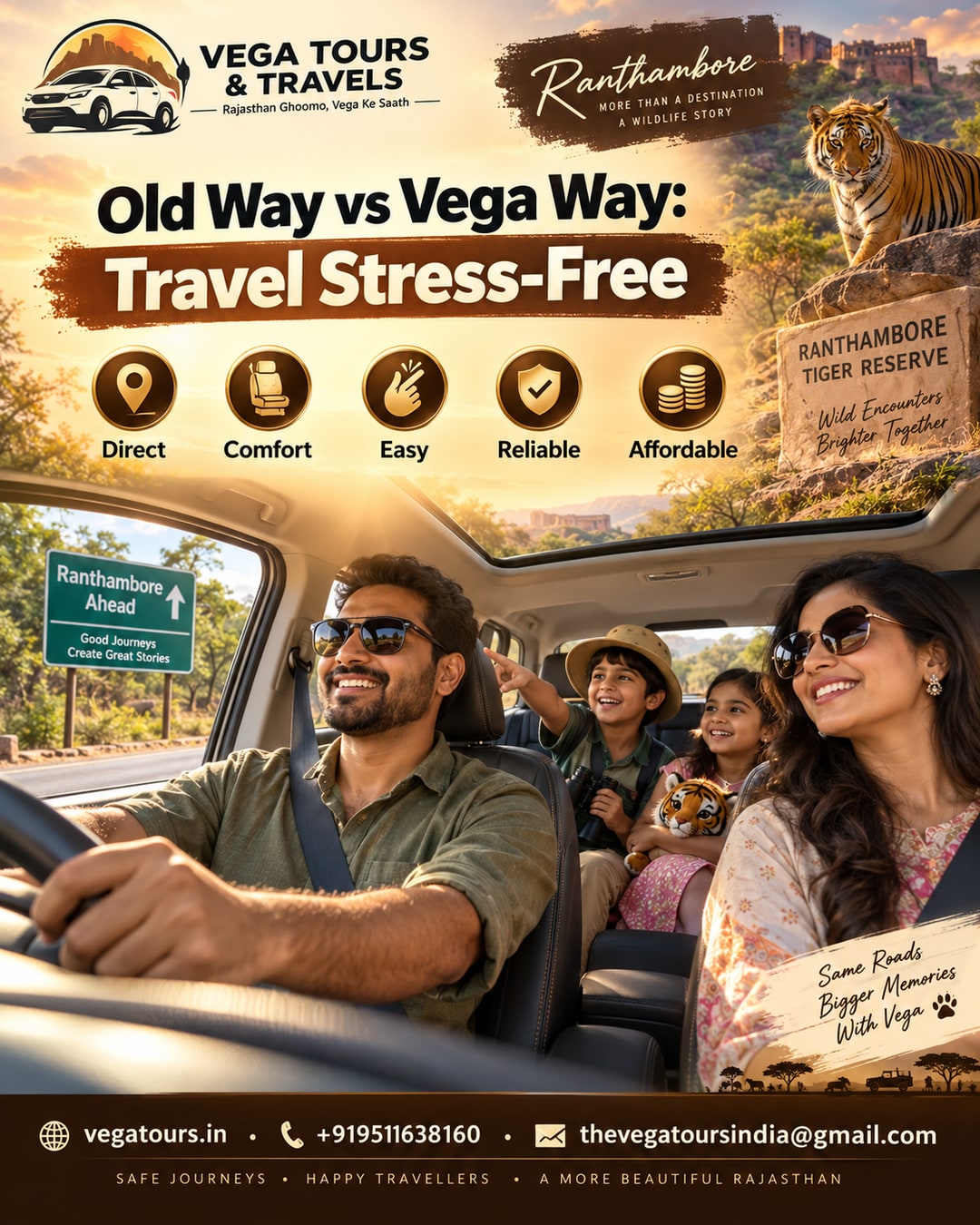Vega Tours booking website comparing train and shared jeep travel versus direct car service to Ranthambore