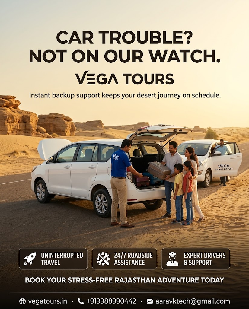 Vega Tours backup vehicle assisting a family on the Jaipur to Bikaner desert highway