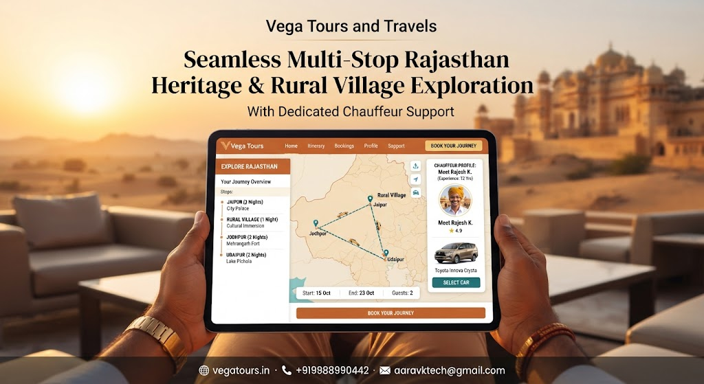 Vega Tours and Travels digital dashboard displaying customized Rajasthan tour routes and vehicle booking options