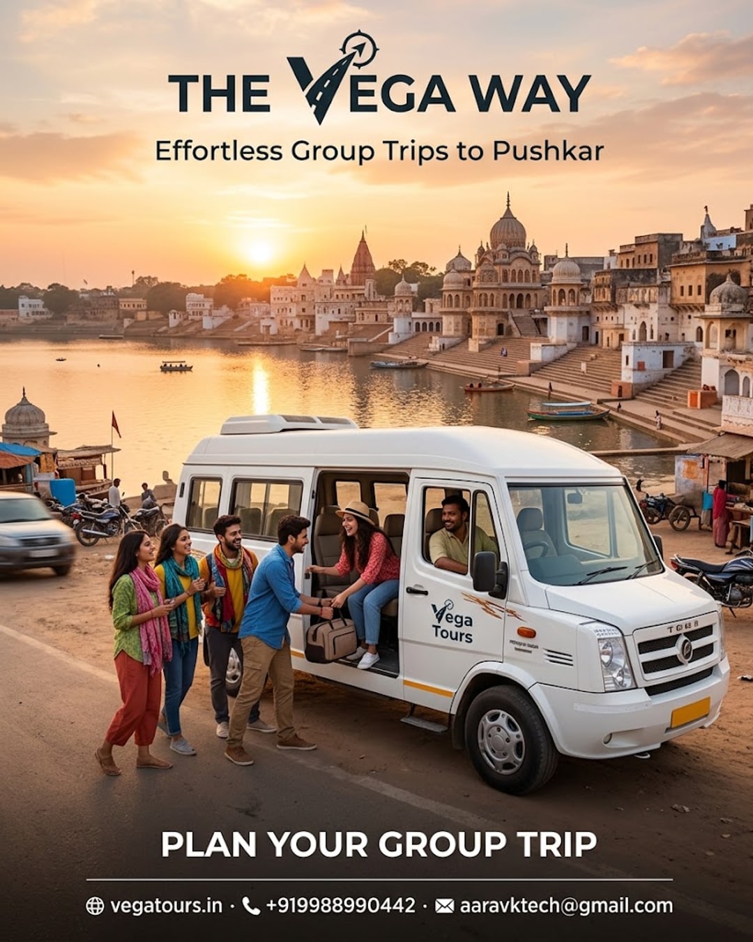 Friends group boarding a Vega Tours Tempo Traveller for a Pushkar trip at golden hour