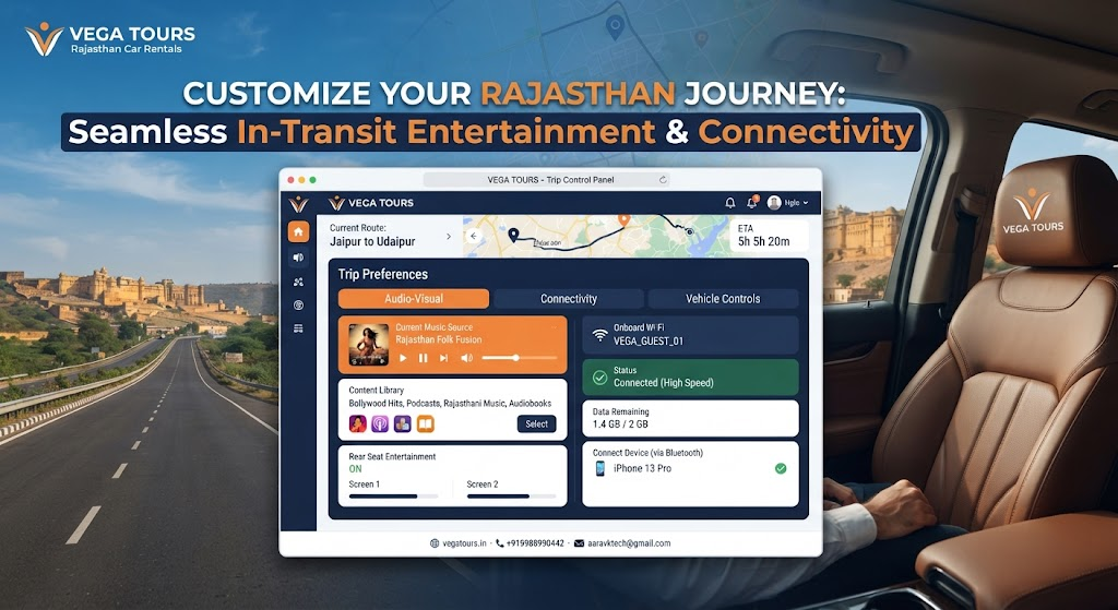 Vega Tours and Travels digital dashboard showcasing in-car connectivity and entertainment preference settings for Rajasthan road trips