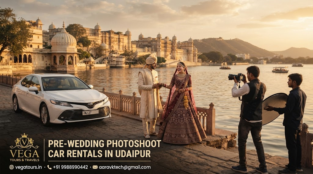 Couple pre-wedding photoshoot near Udaipur City Palace with Vega Tours car