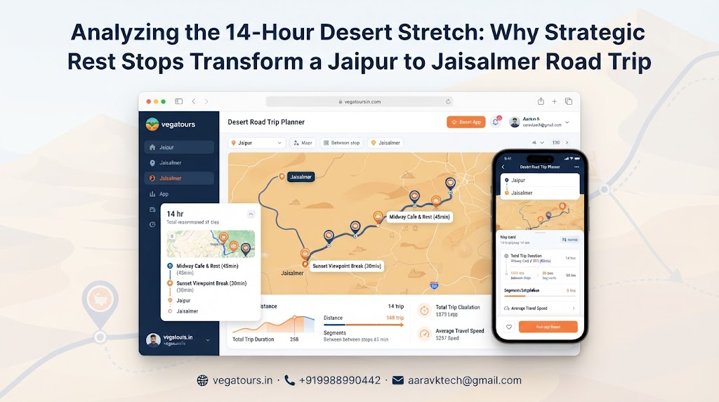 Vega Tours and Travels route planning dashboard showing Jaipur to Jaisalmer distance and stopover markers.