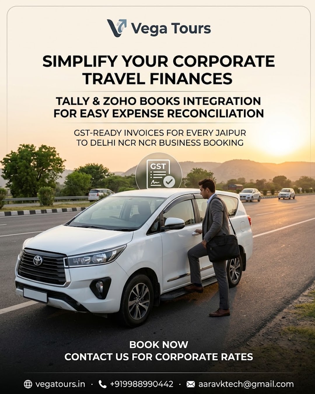 Corporate traveller boarding Vega Tours car for Jaipur to Delhi NCR business trip with GST invoice