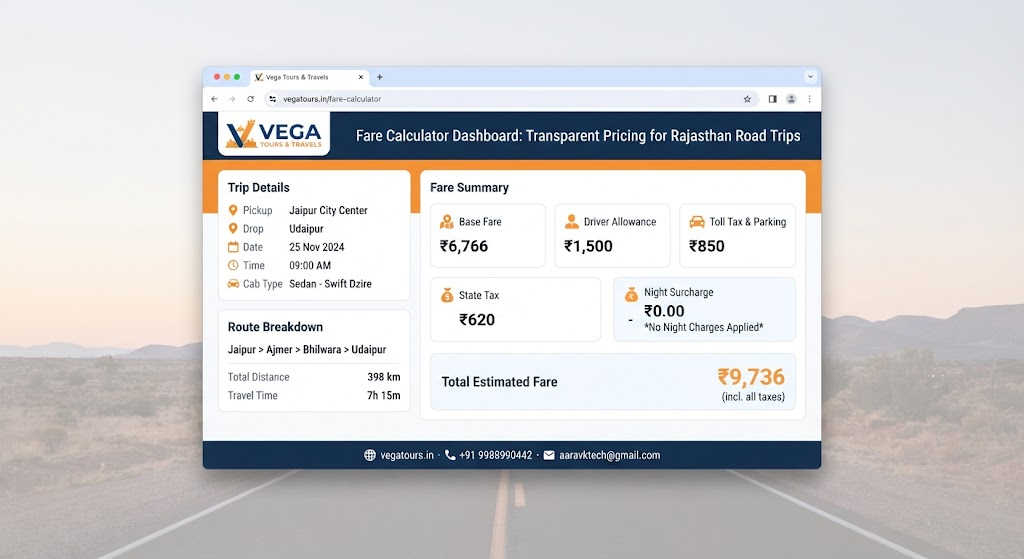 Vega Tours and Travels transparent cab fare calculator dashboard interface mockup