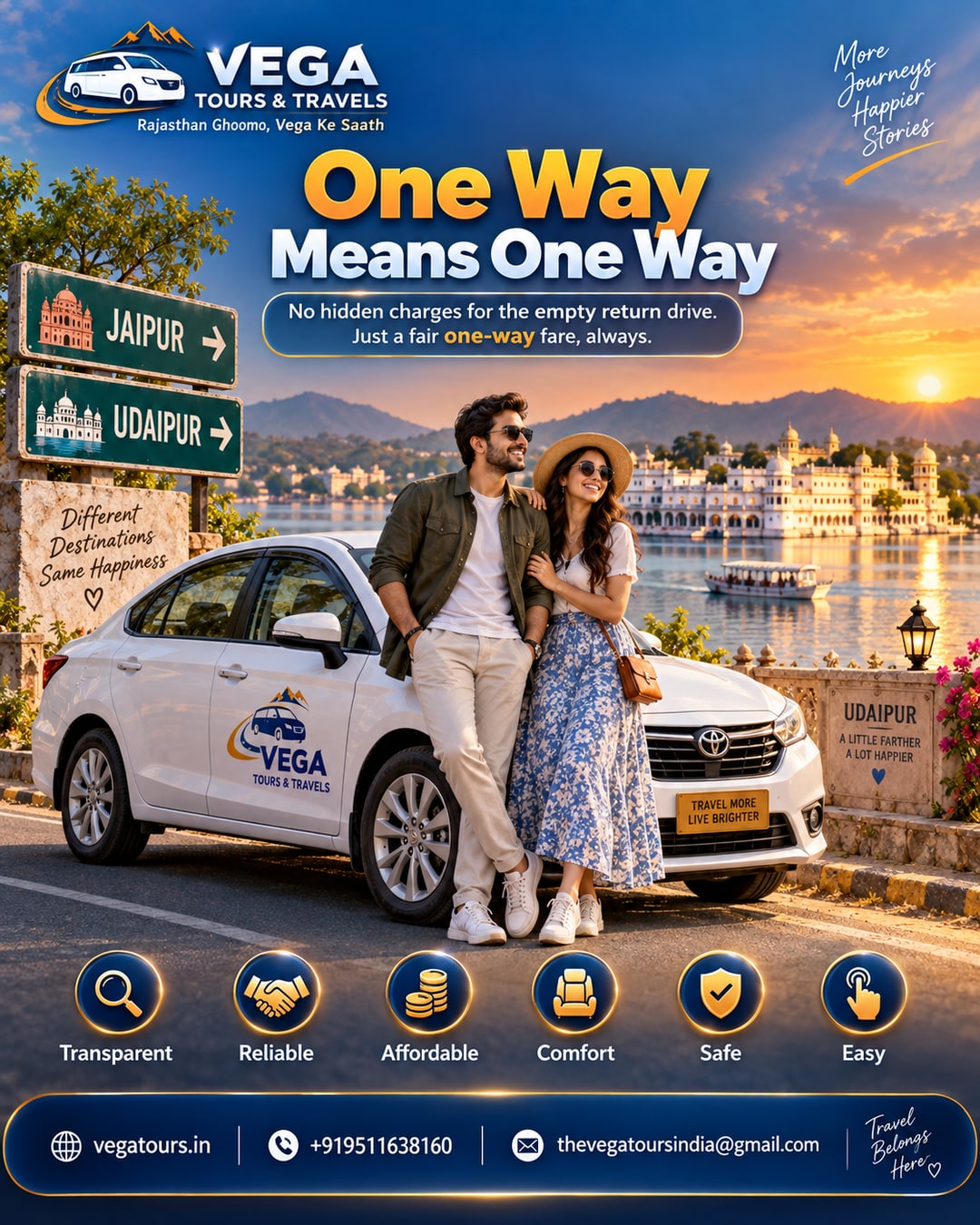 Jaipur to Udaipur one way taxi myth busting ad with lake palace background