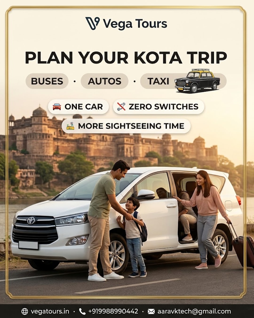 Family boarding a Vega Tours Innova for a Jaipur to Kota heritage road trip along the Chambal riverfront